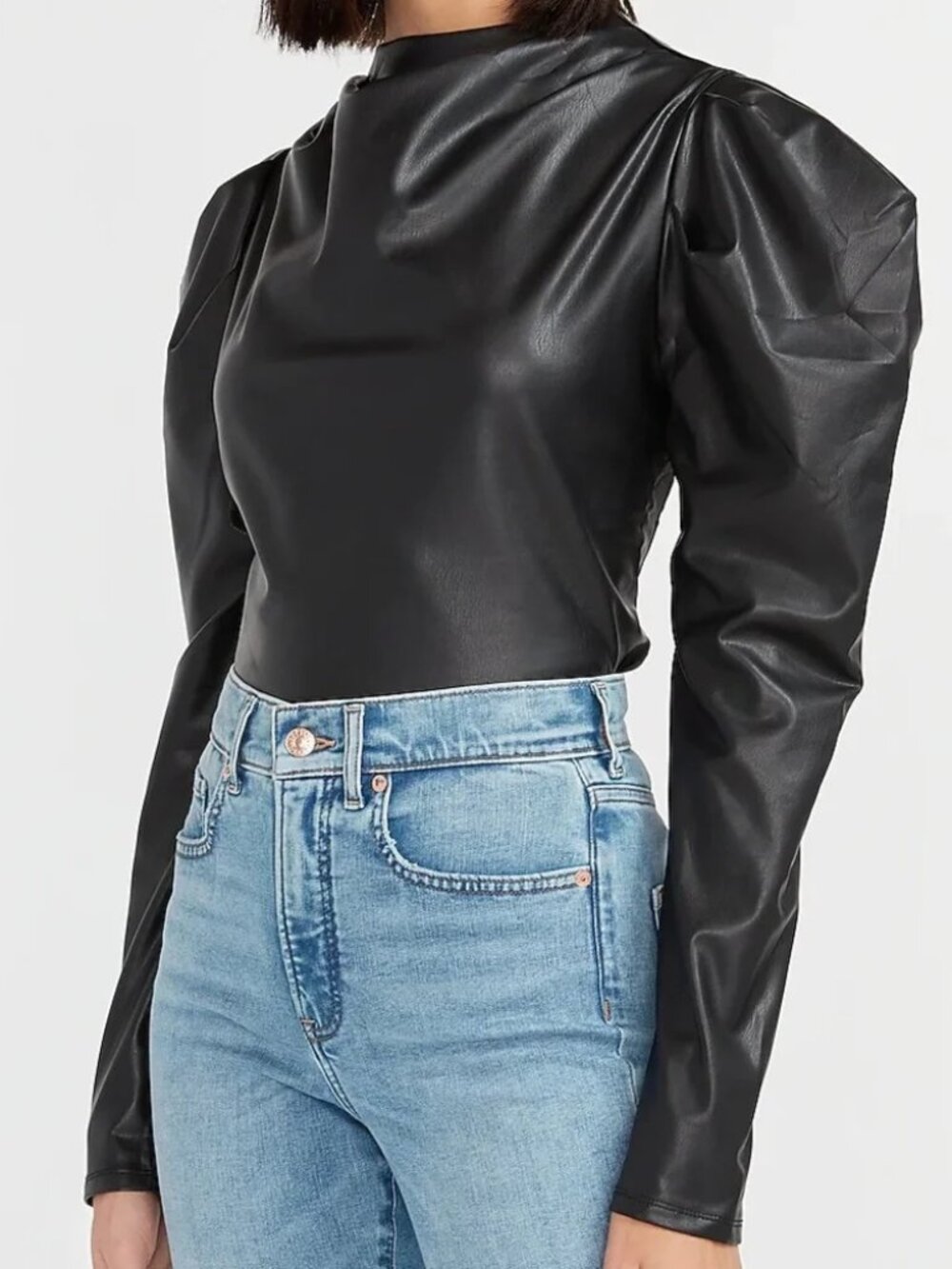 Express Black Faux Leather Puff Sleeve Mock Neck Top Statement Blouse Size M